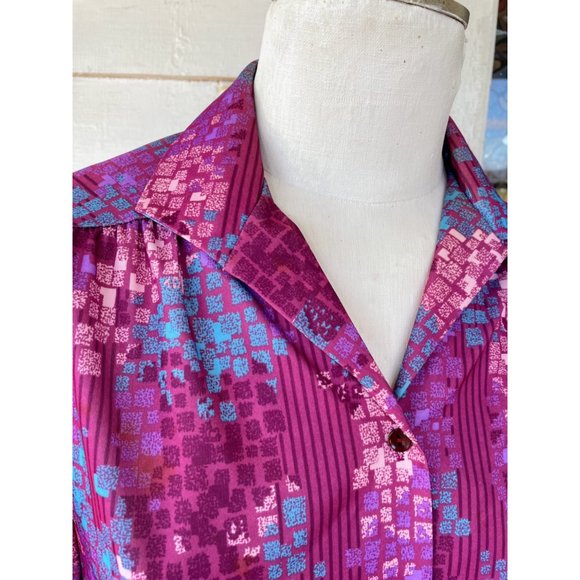 Vintage 1970s Womens Blouse Pink Purple Abstract Print - Picture 8 of 14